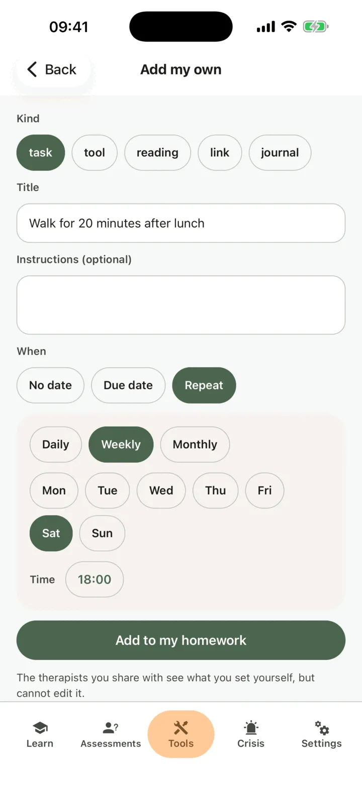 Add my own: the kind Task, a title, When set to Repeat with Weekly and the days chosen, and the Add to my homework button