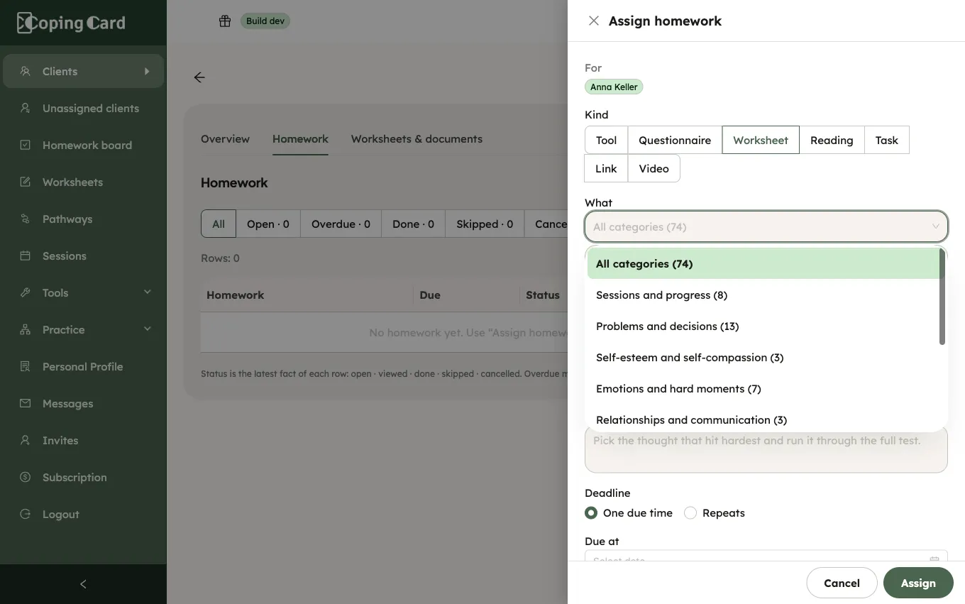 The Assign homework drawer with Kind Worksheet: the category dropdown above What, opened to show each category with its number of worksheets