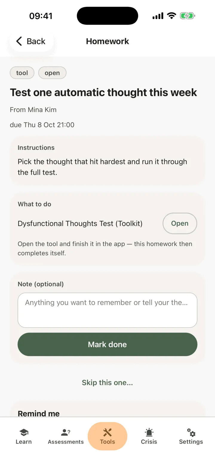 A piece of homework: its kind and status, who it is from, when it is due, Instructions, What to do with an Open button, a Note box and Mark done