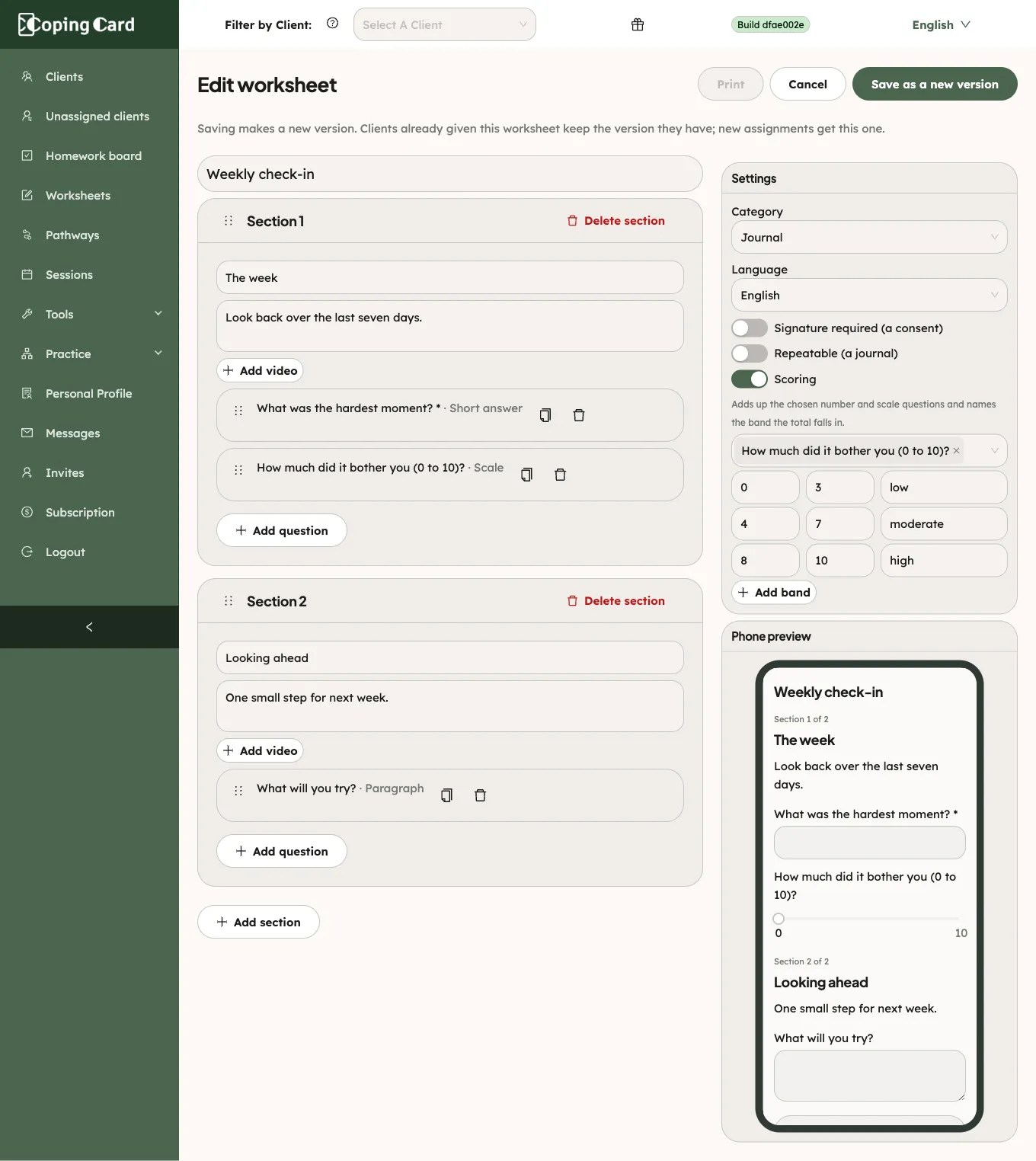 The worksheet Builder: two sections with their titles, instructions and questions, the Settings panel and the Phone preview