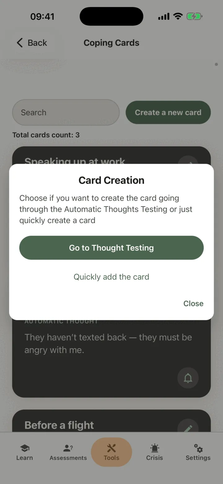 The Card Creation sheet with the choices to go to Thought Testing or quickly add the card