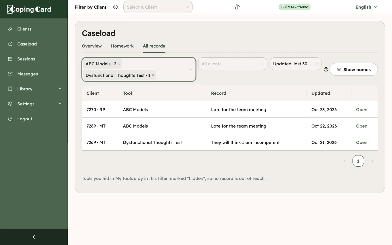 Caseload with the tabs Overview, Homework and All records and the All records table