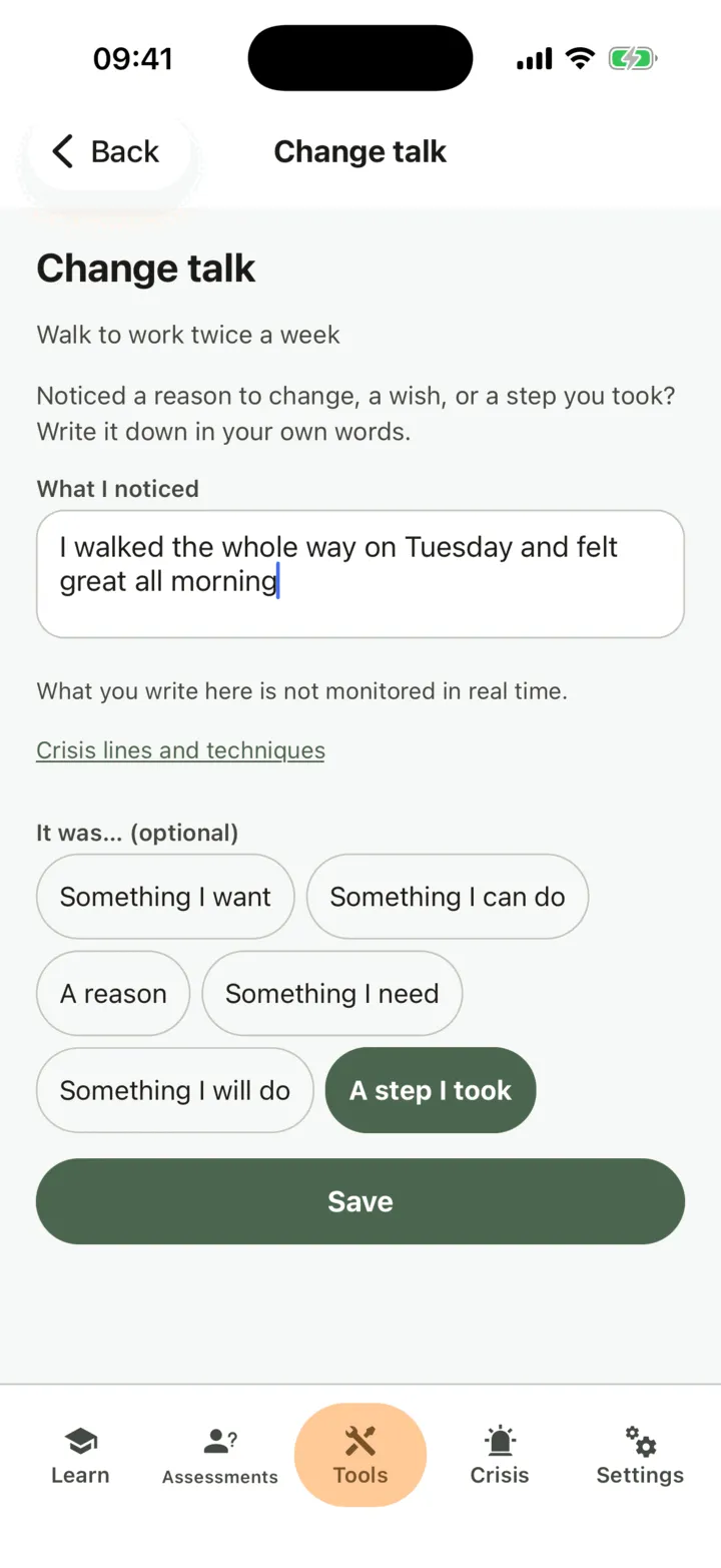 Change talk with one line written and A step I took chosen