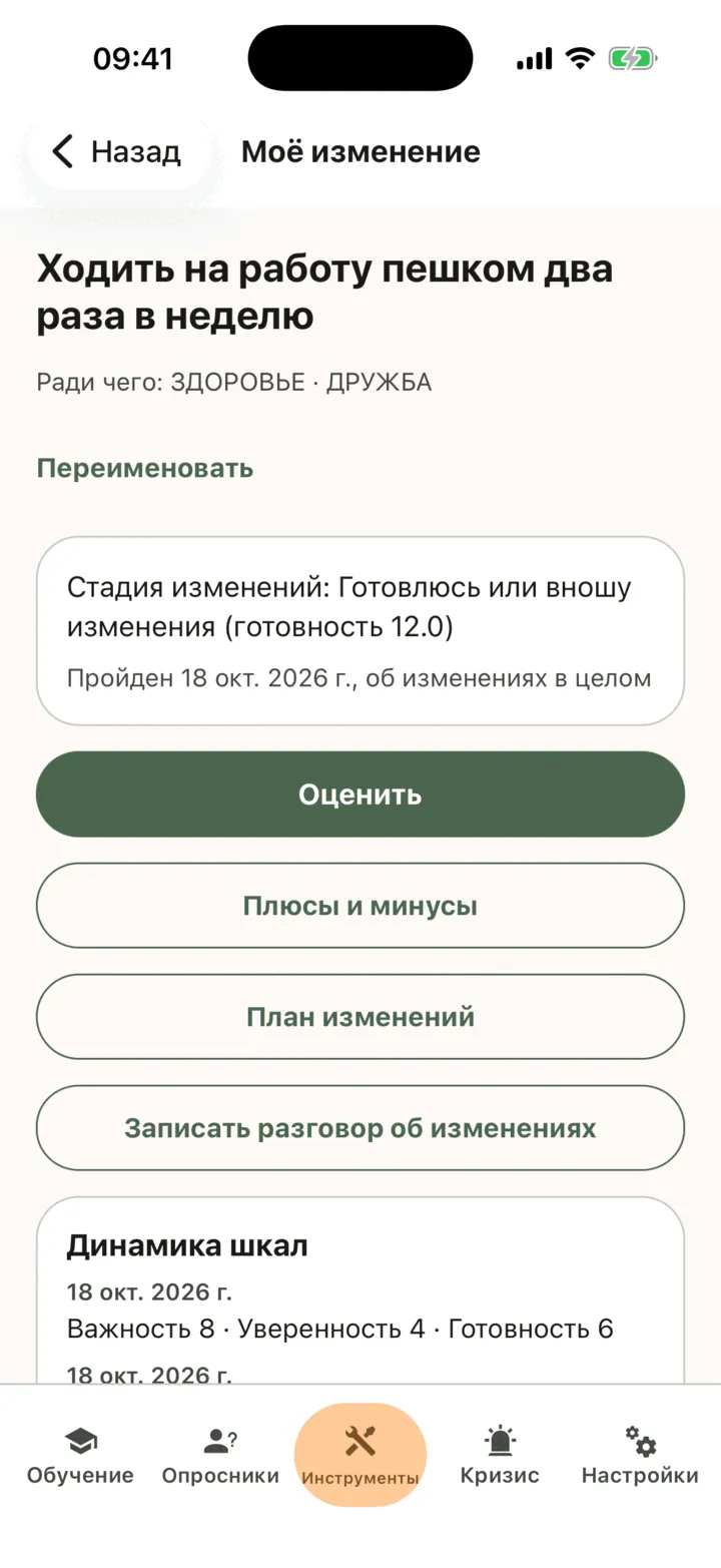 Моё изменение с динамикой шкал, причинами, плюсами и минусами, планом, журналом и стадией изменения