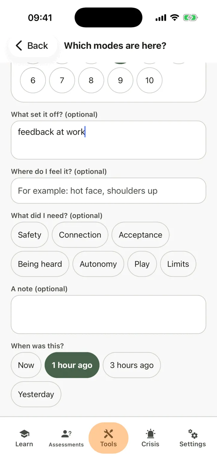 Which modes are here now? with two modes tapped and rated and When was this? chosen