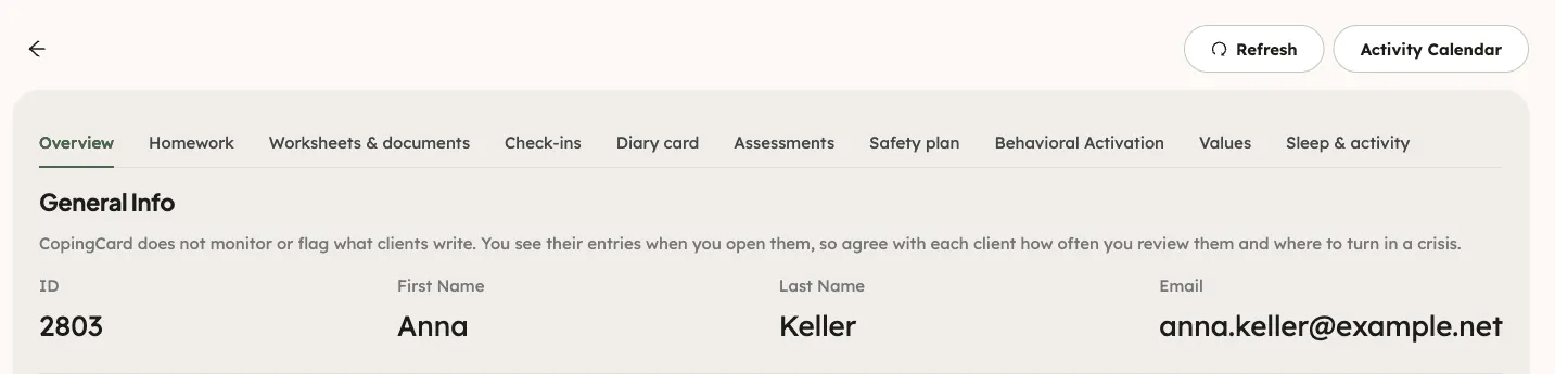 The top of a client’s page: the Refresh and Activity Calendar buttons, the ten tabs from Overview to Sleep & activity, and the start of General Info