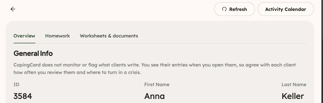 The top of a client’s page: the Refresh and Activity Calendar buttons, the three tabs and General Info