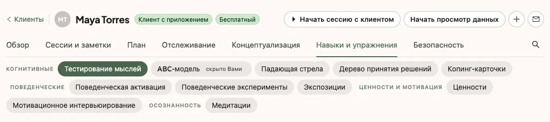 Страница клиента: строка заголовка, затем первый ряд с группами и второй ряд с инструментами открытой группы
