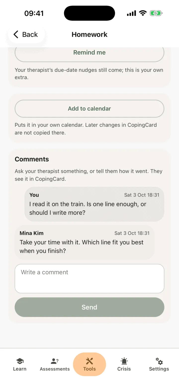 The Comments of a piece of homework: a question from You and a reply from the therapist