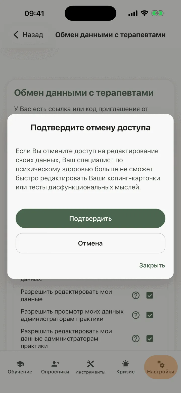 Запрос «Подтвердите отмену доступа», который появляется при отключении параметра