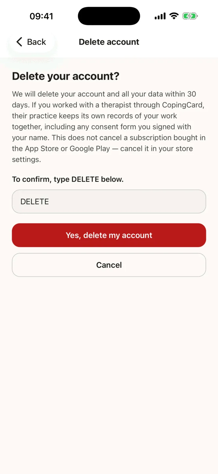 Delete your account? with the word DELETE typed in the box and the red button to confirm
