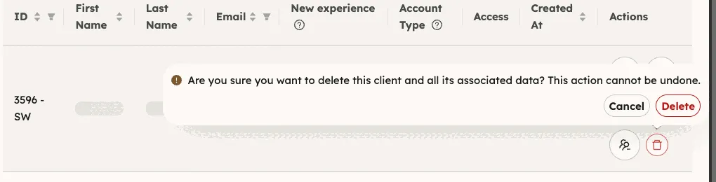 The confirmation over a client’s row: are you sure you want to delete this client and all its associated data