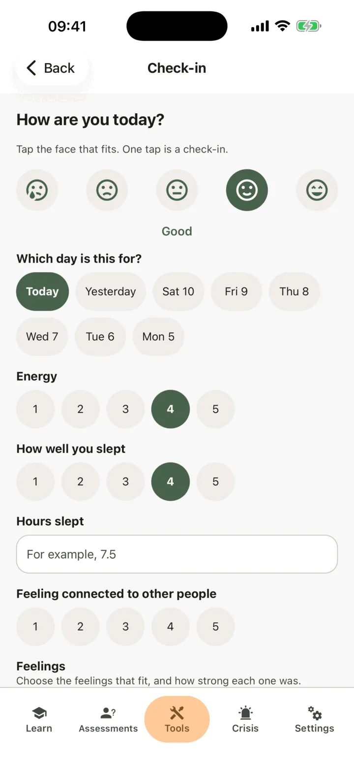The Check-in screen with the Good face chosen, the day buttons from Today back a week, and the Energy, How well you slept, Hours slept and Feeling connected to other people fields