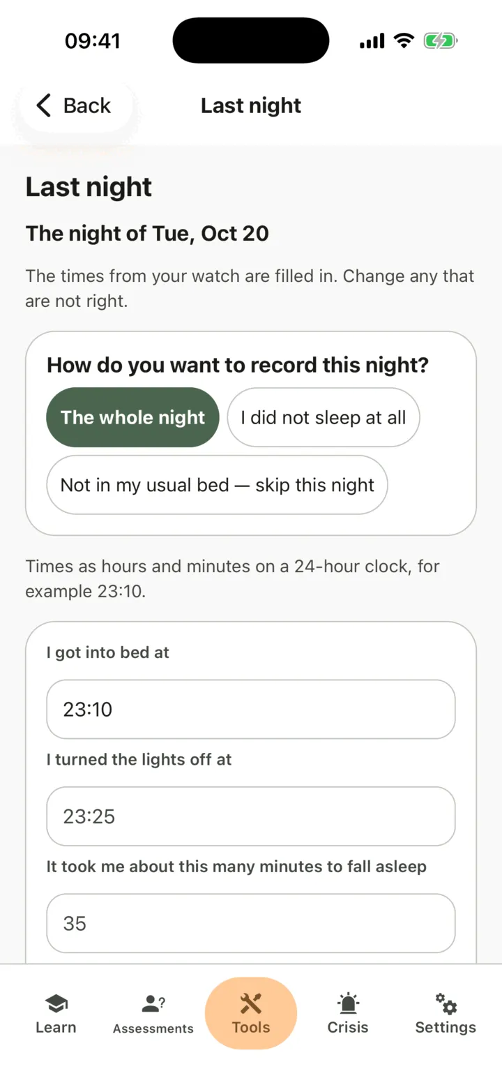 The form for last night with the times filled in from the watch and a quality chosen