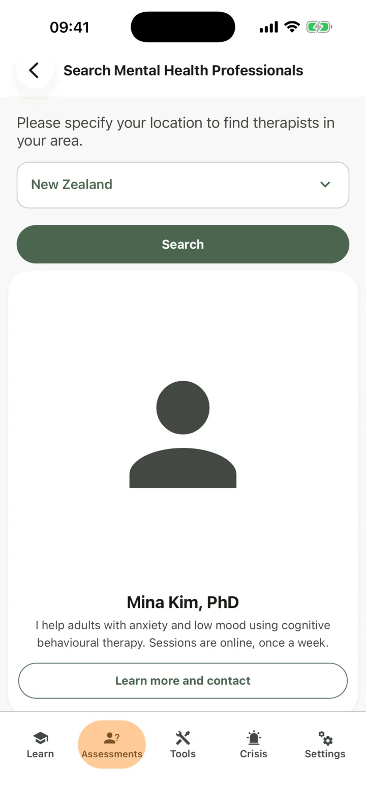 Search Mental Health Professionals with a country chosen and one result with Learn more and contact