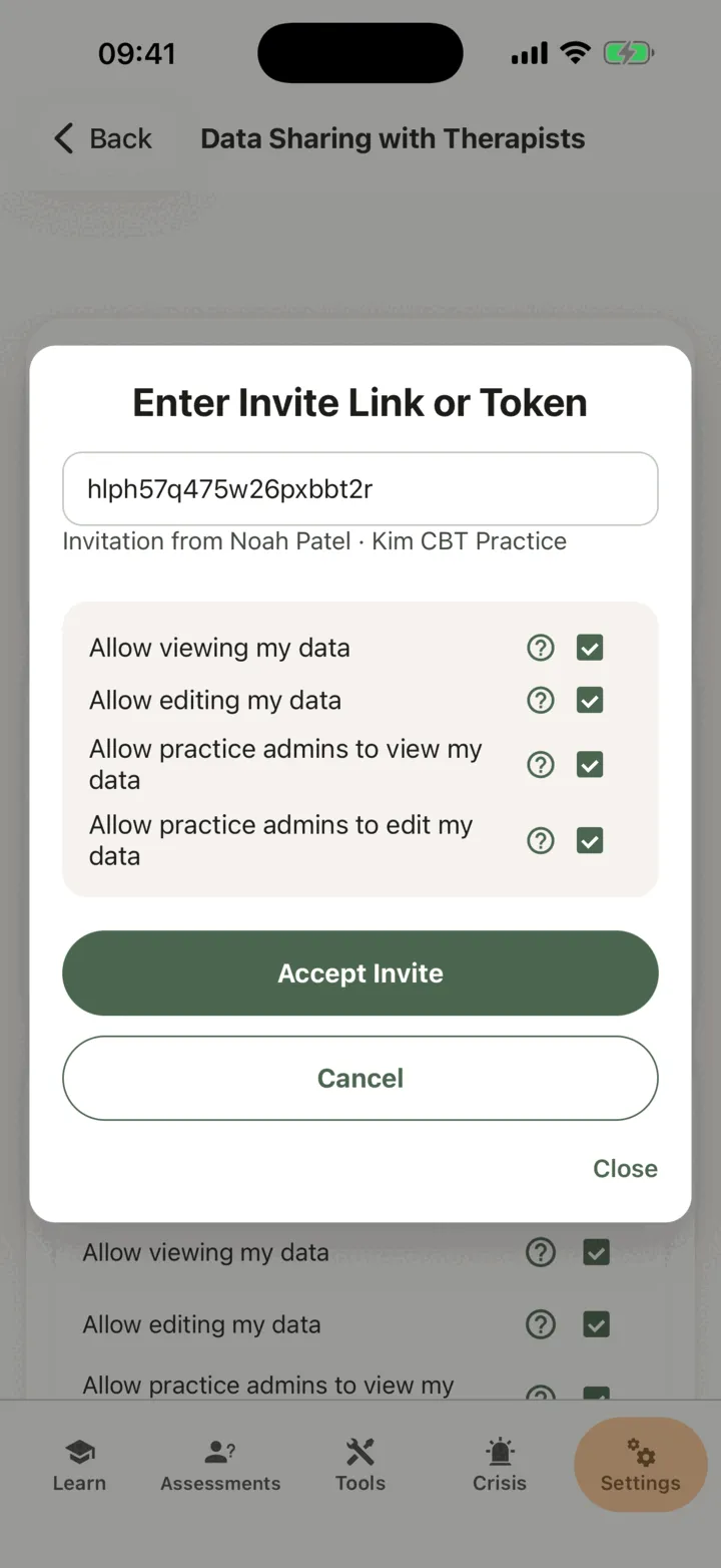 Enter Invite Link or Token with a code typed, the line saying who the invitation is from, and the four sharing options
