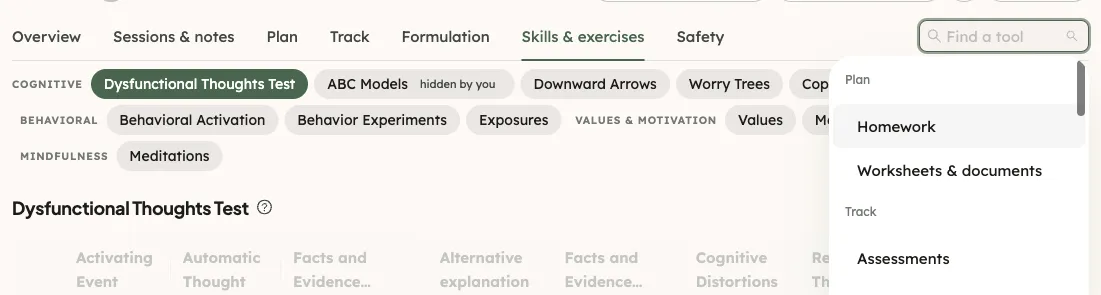 The Find a tool list open on a client’s page, grouped like the second row
