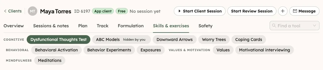 A client’s page with a tool in the row marked hidden by you