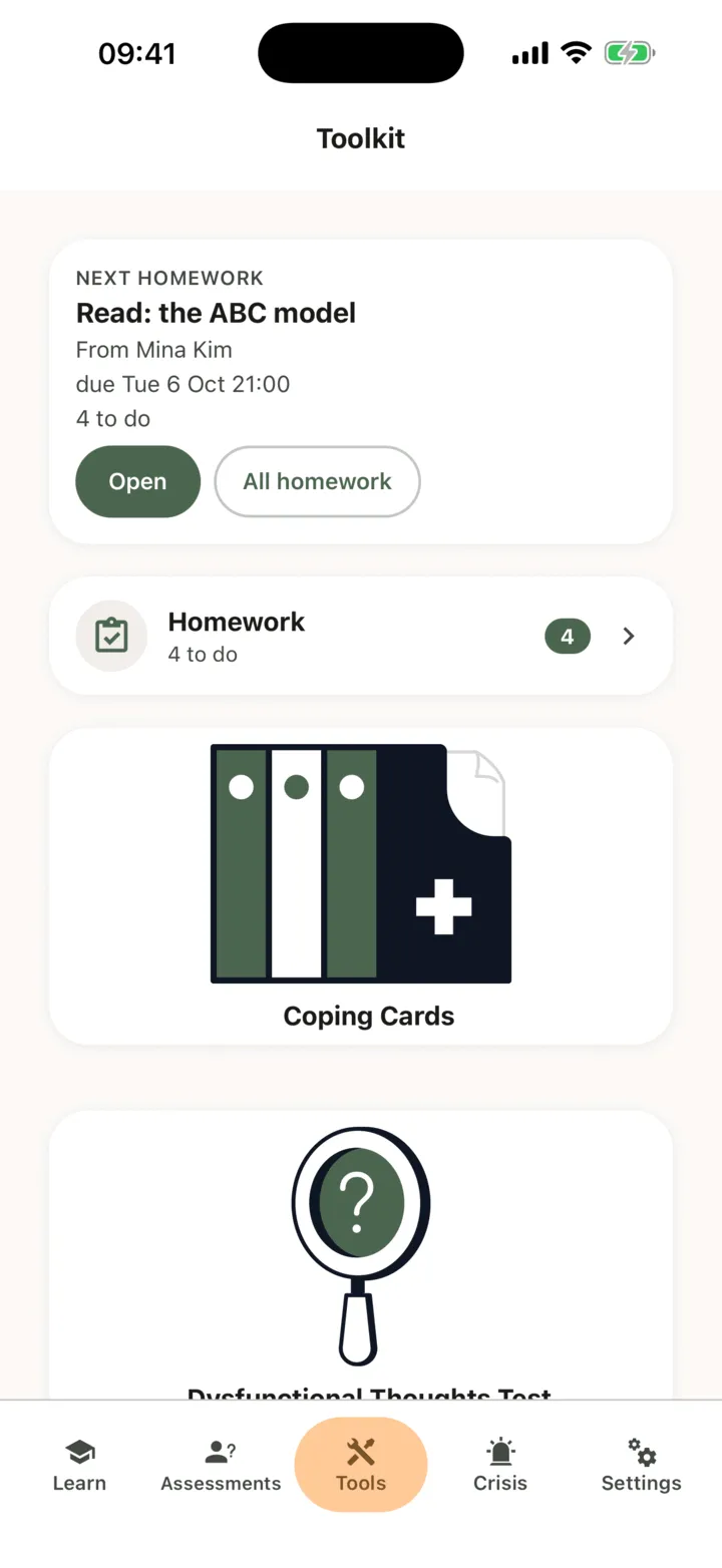 The Tools tab with the Next homework card: the homework due first, who it is from, when it is due, and the Open and All homework buttons