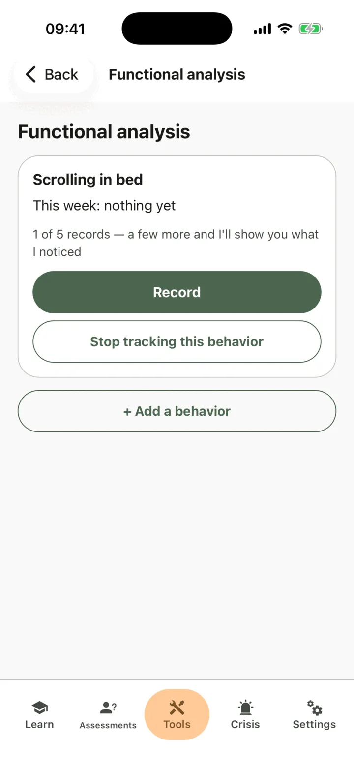 Functional analysis with one behavior card: the records so far, What I noticed and Record