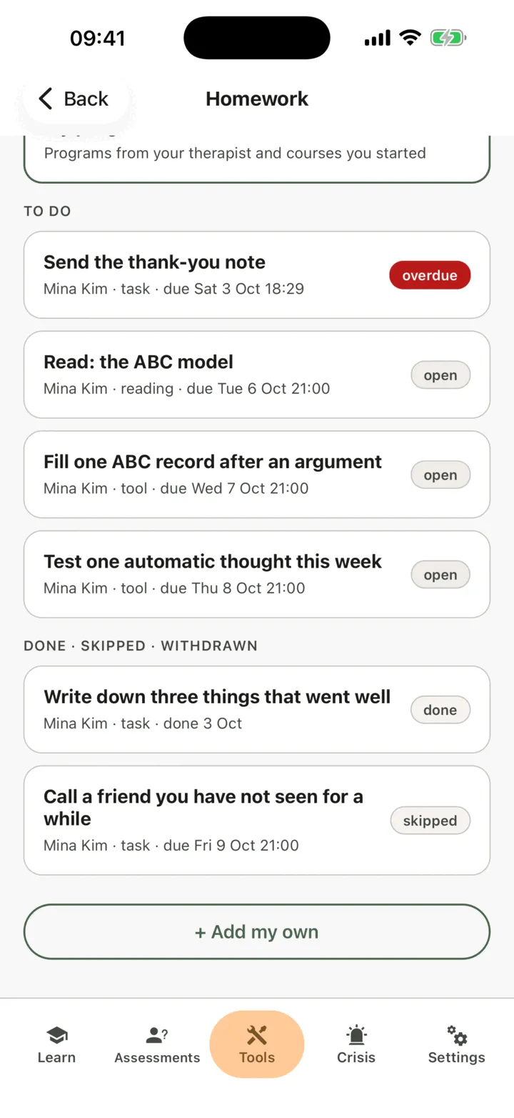 The Homework list: To do with homework due, one overdue in red, Done, skipped and withdrawn below, and Add my own at the bottom