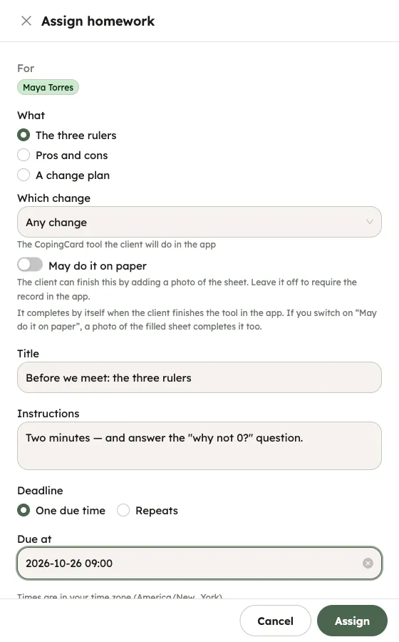 The Assign homework panel with The three rulers and Any change chosen