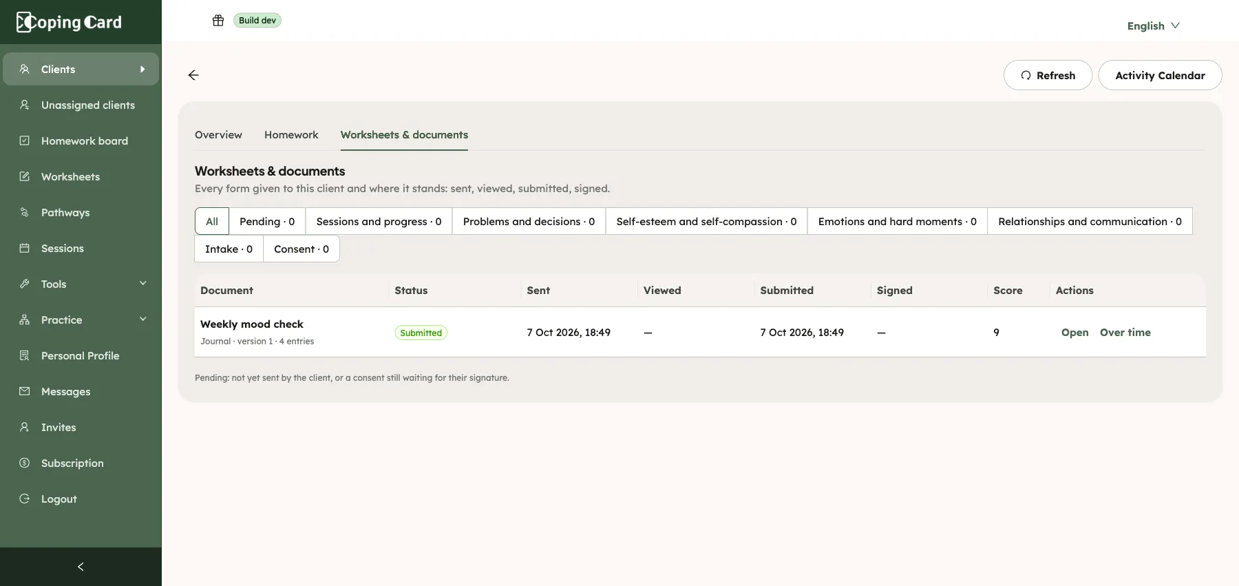 The Worksheets & documents tab with a repeatable worksheet whose row has the Open and Over time actions