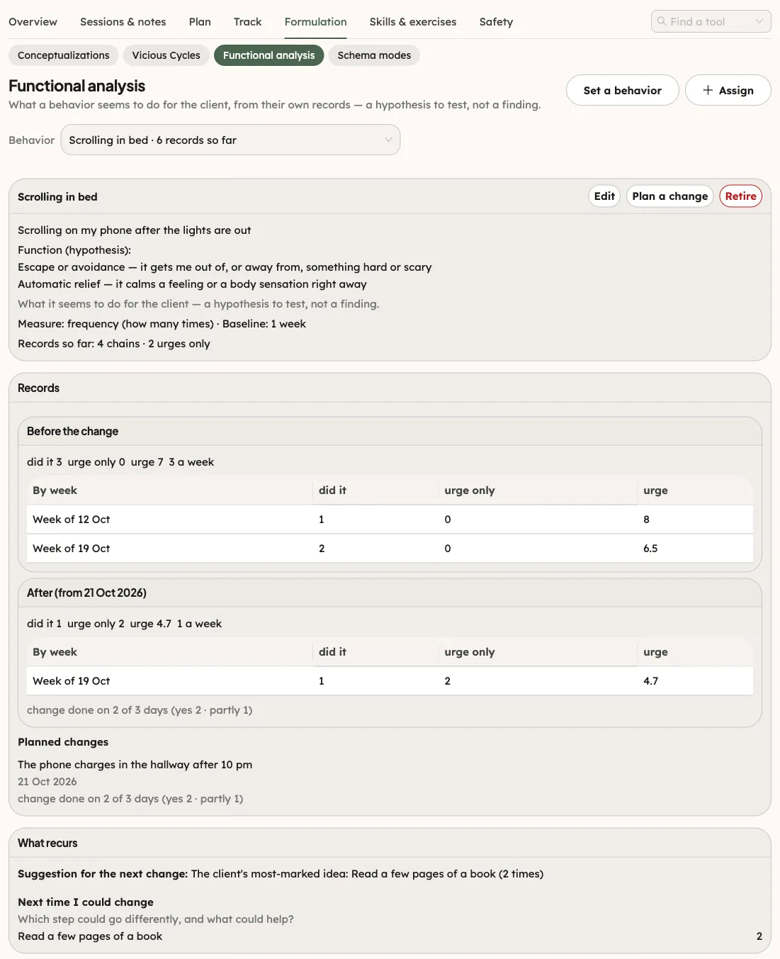 The Functional analysis section of a client’s page: the Behavior card with Edit, Plan a change and Retire, then Records and What recurs