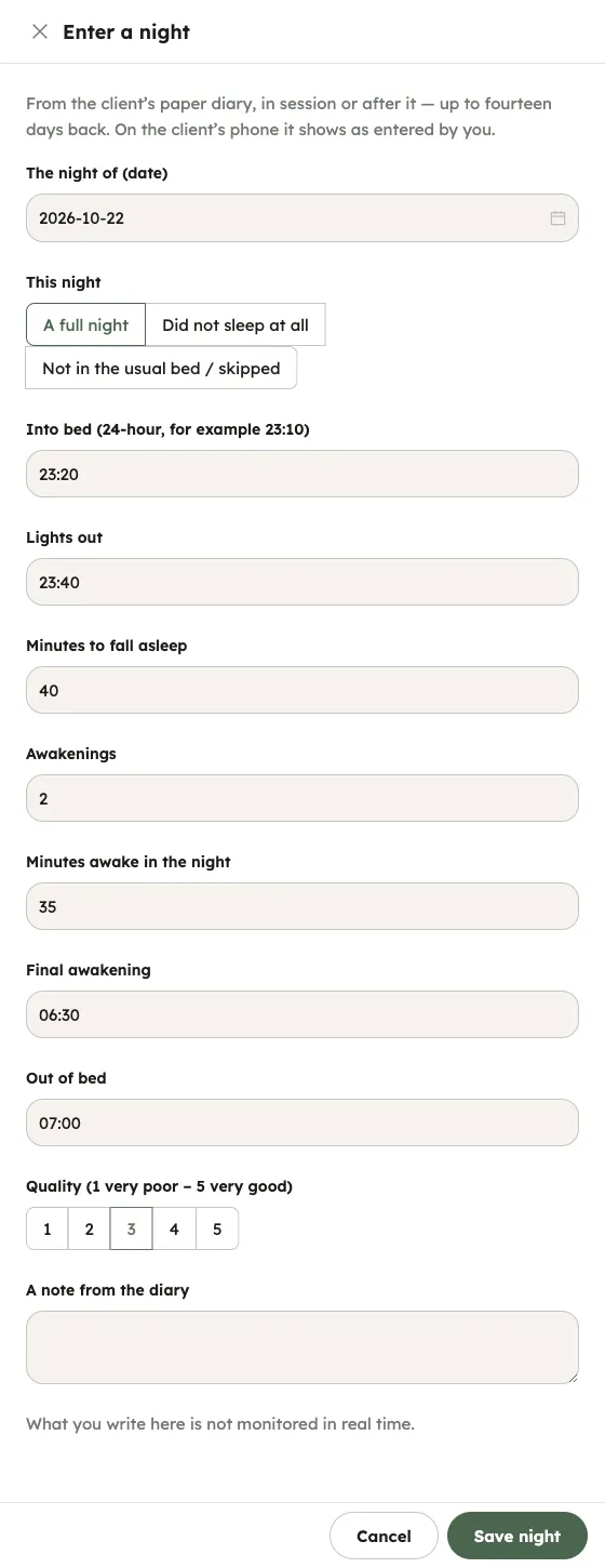 The Enter a night panel beside the Nights card on the Sleep diary section