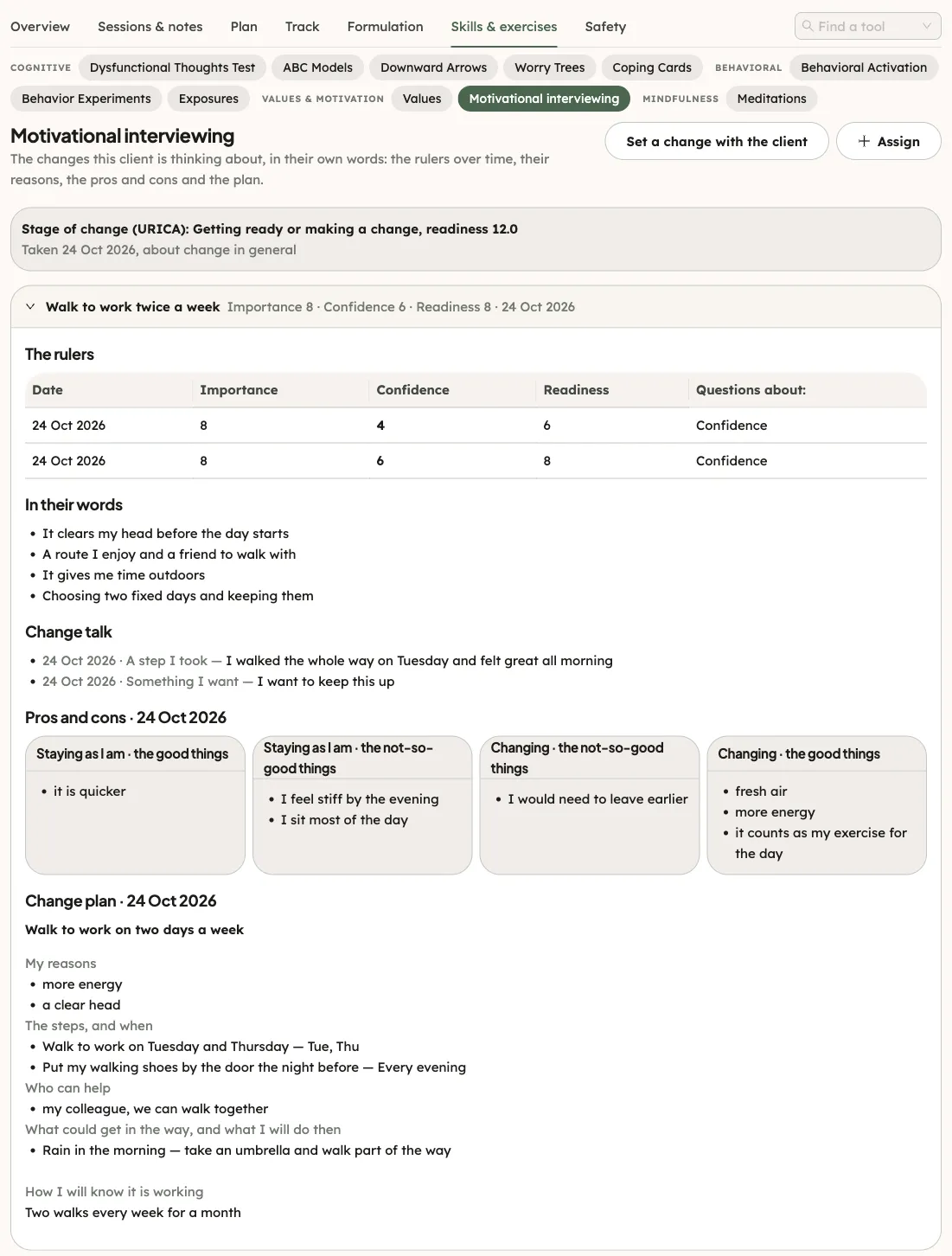 The Motivational interviewing section of a client’s page: the stage of change from the URICA on top, then the client’s changes, the first one open with its rulers, change talk, pros and cons and change plan