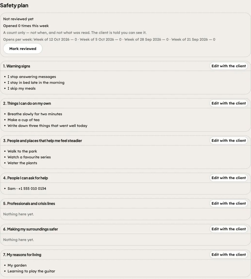 The Safety plan tab in the portal: the review and opens-per-week box, then the seven parts, each with an Edit with the client button
