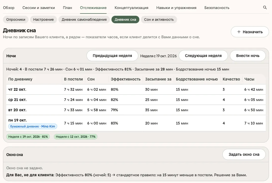 Раздел «Дневник сна» на странице клиента: карточка «Ночи» со средними значениями за неделю и таблицей ночей, затем карточка «Окно сна»