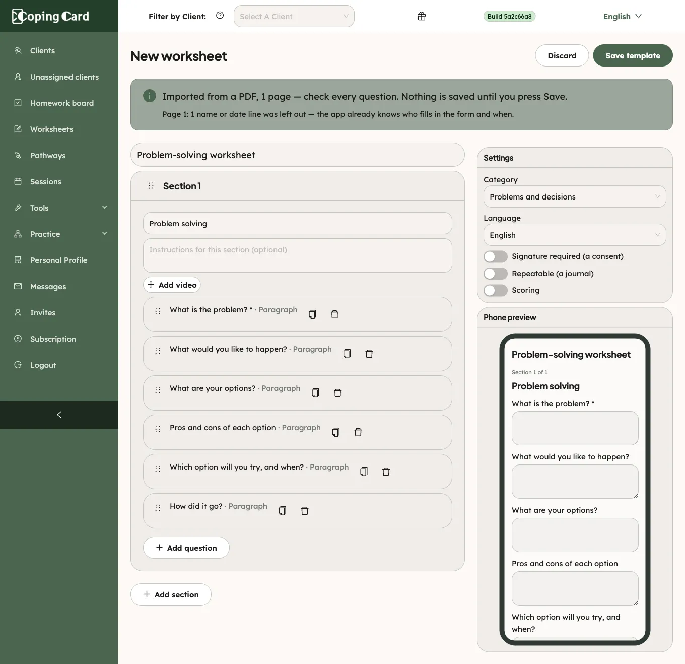 A form imported from a one-page PDF: the note to check every question, the questions from the sheet, the Settings panel and the Phone preview