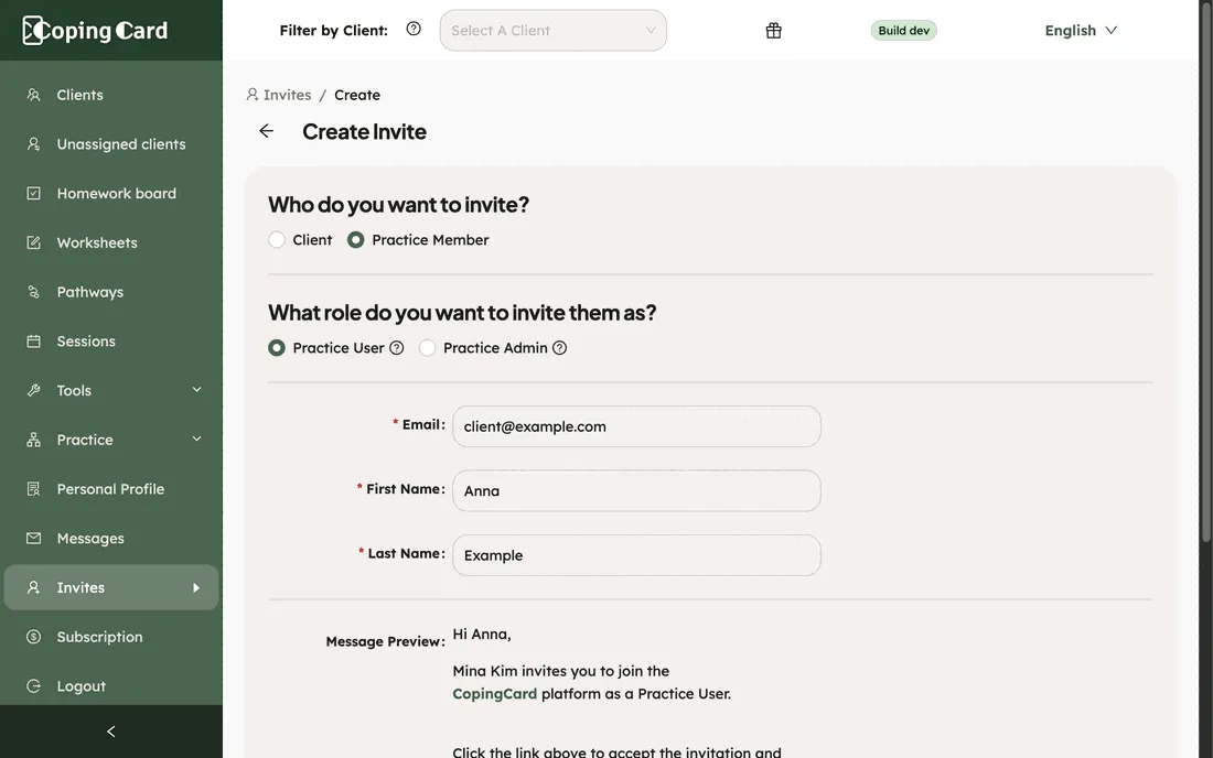 Create Invite with Practice Member chosen and the two roles, Practice User and Practice Admin