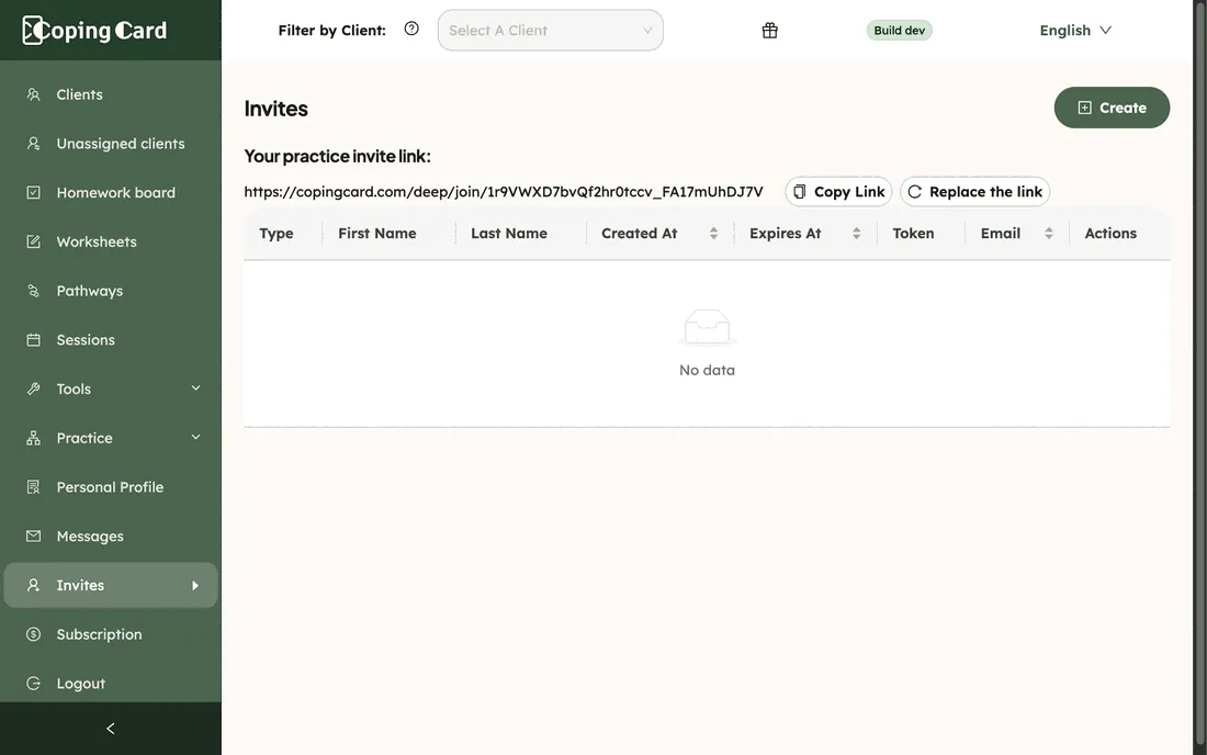 The Invites page with the practice invite link, the Copy Link and Replace the link buttons, and the list of invitations