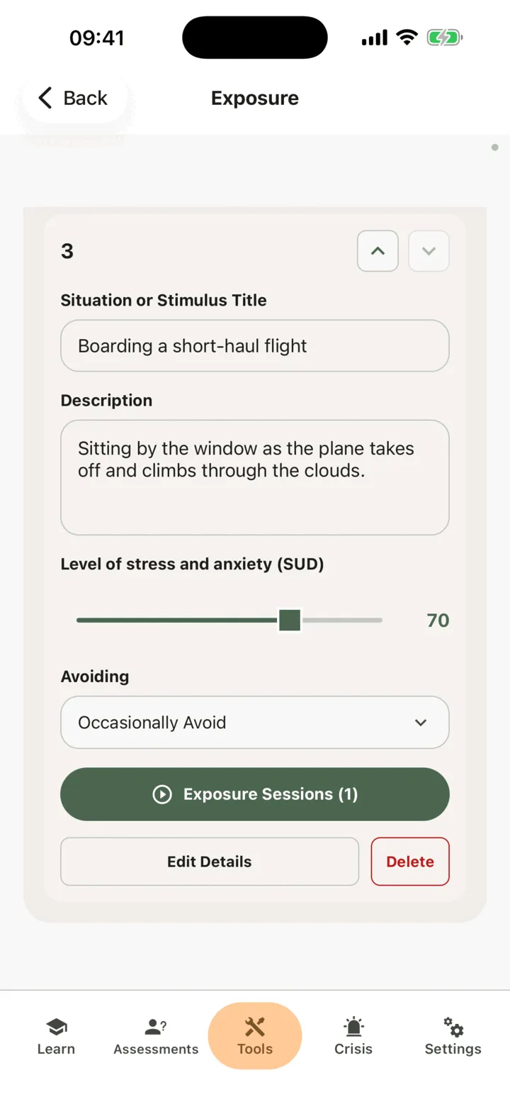 One situation of a saved ladder with its stress slider, the Avoiding answer, the Exposure Sessions button, and the Edit Details and Delete buttons
