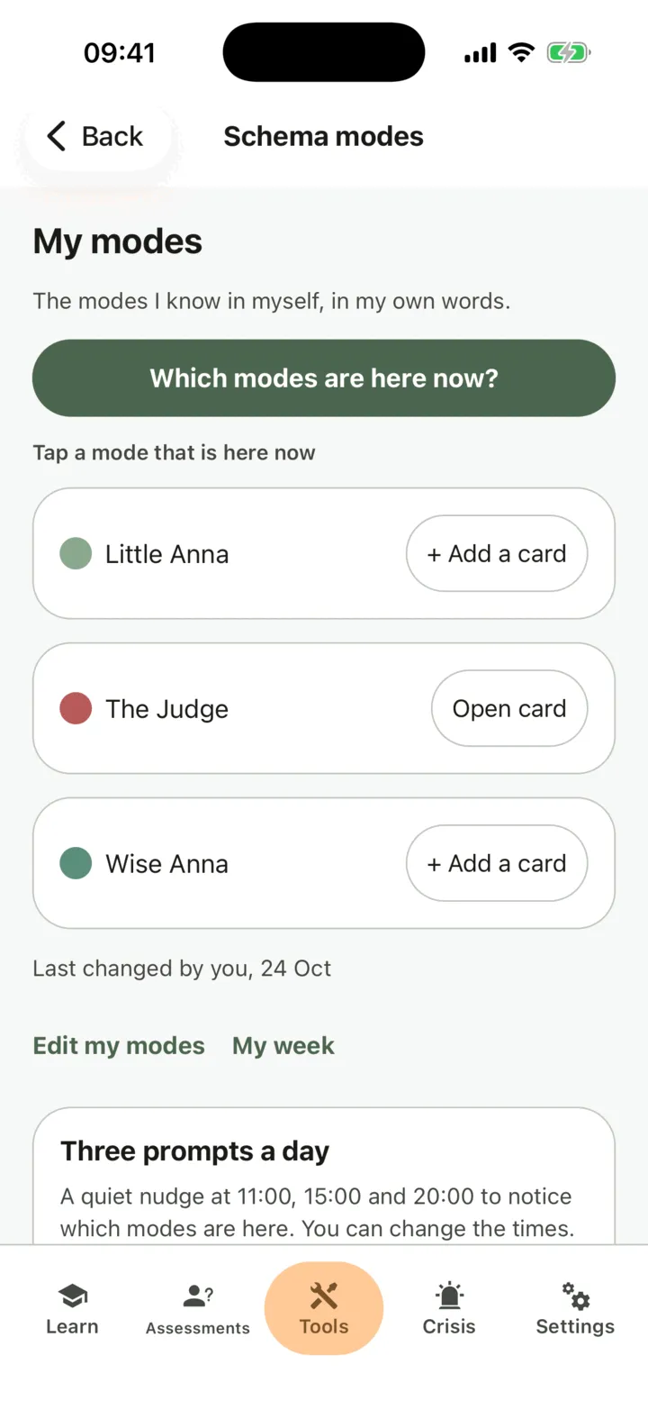 My modes with three modes, one with its coping card, and the Which modes are here now? button