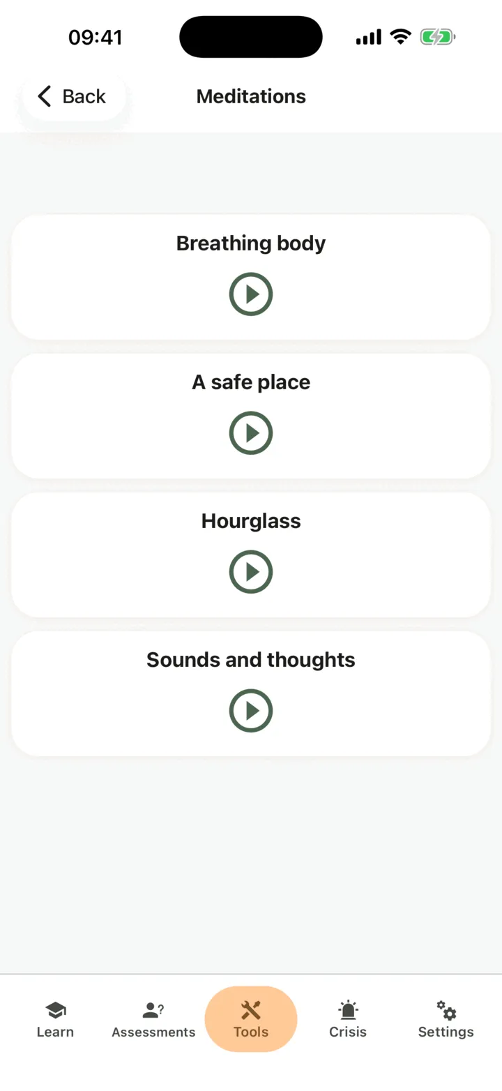 The Meditations list with a card for each meditation