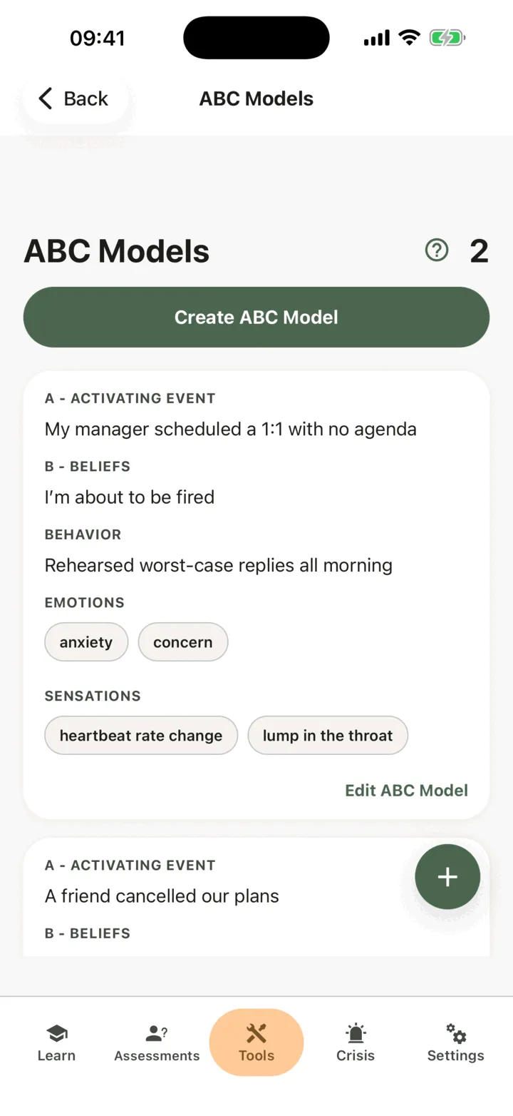 The ABC Models list with two records and their emotion tags