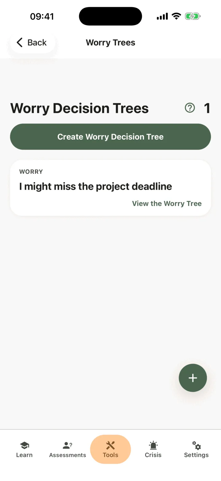 The Worry Decision Trees list showing a worry and the button to view its tree