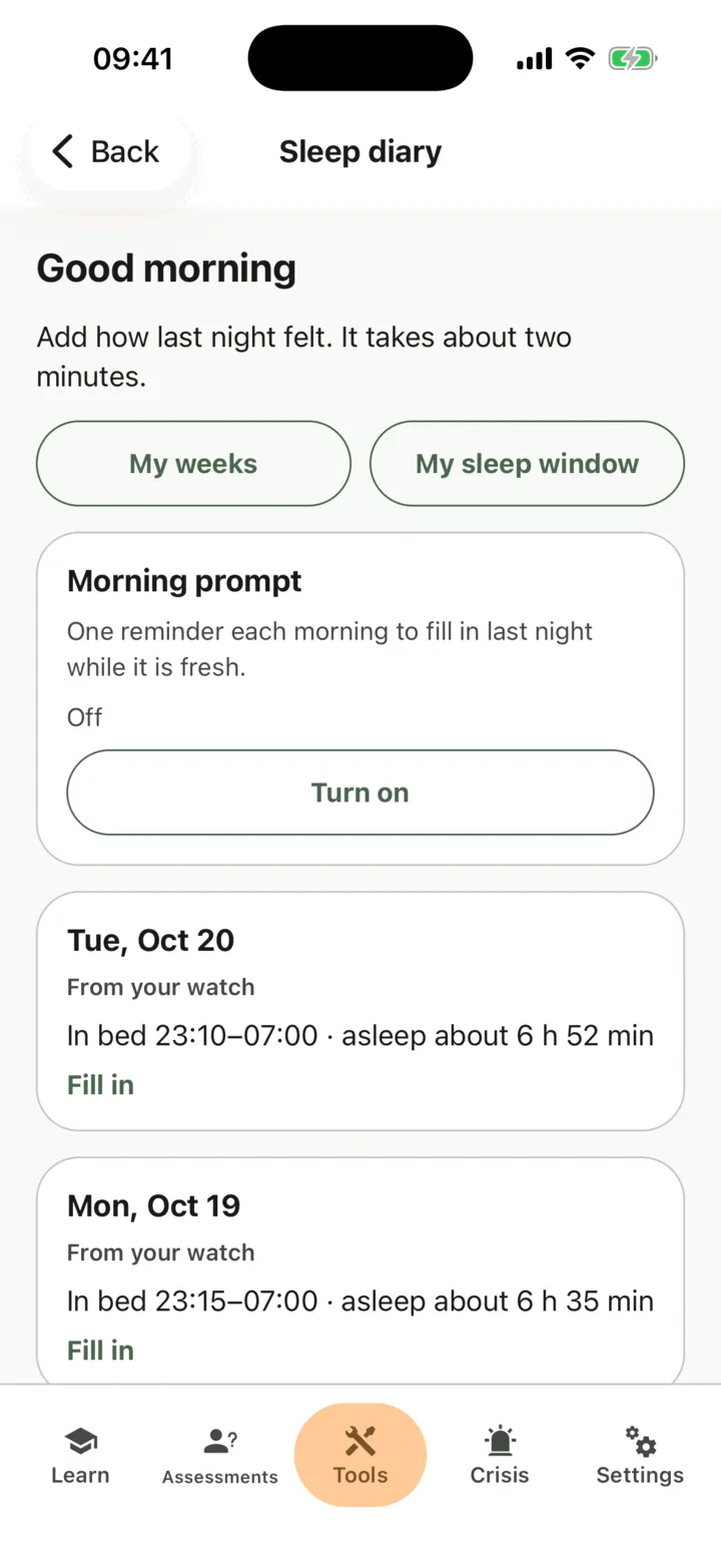 The Good morning screen: the My weeks and My sleep window buttons, the Morning prompt card, then last night with From your watch and a Fill in button