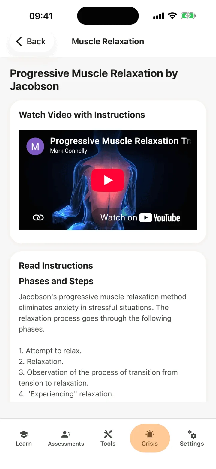 The Progressive Muscle Relaxation exercise with its video card above the Read Instructions section
