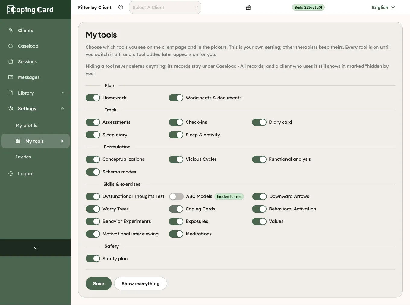 My tools with one tool switched off and marked hidden for me, and Save enabled