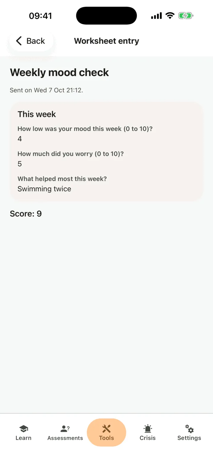 One entry opened read only: the two numbers, the written answer, and the score