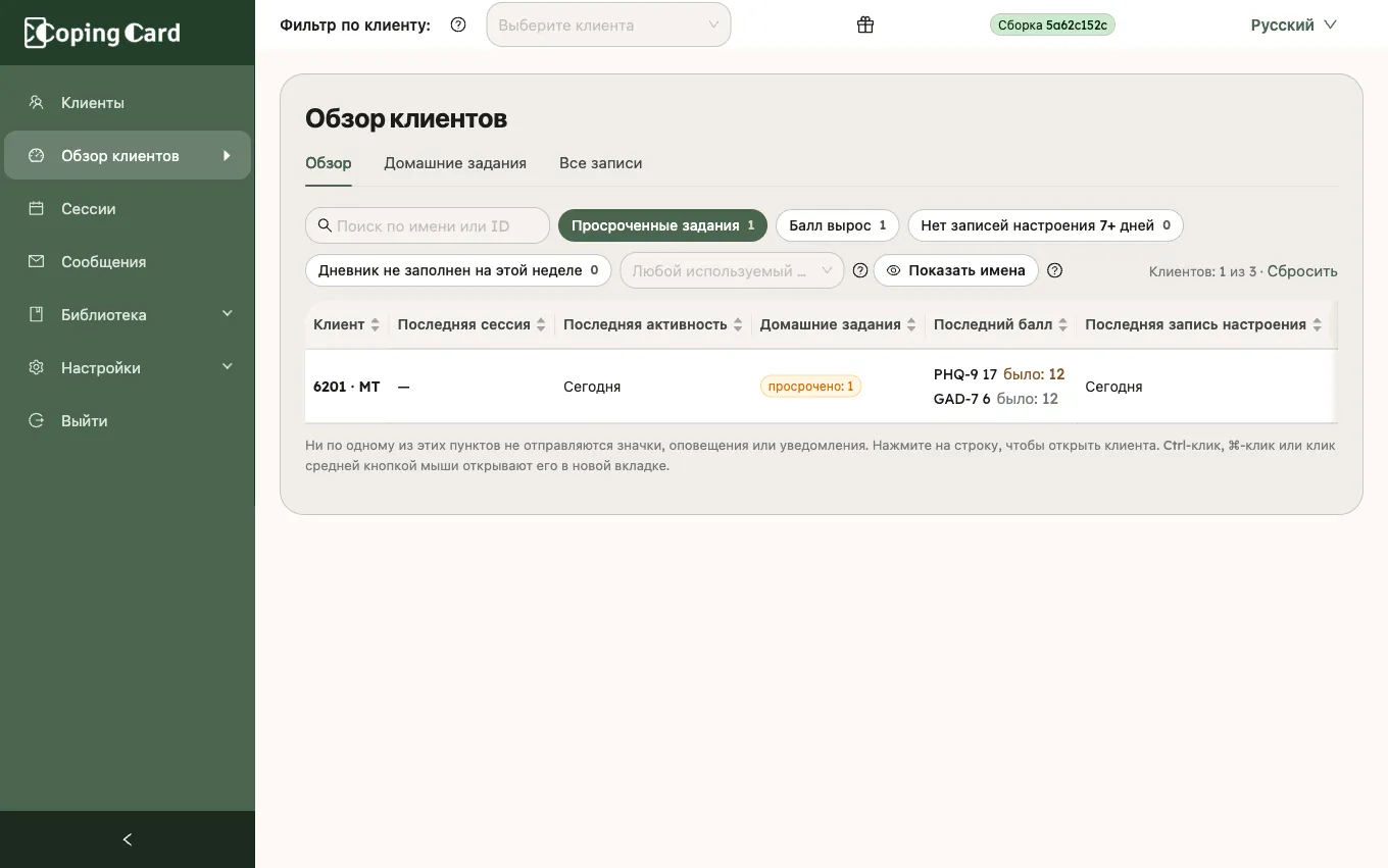 Раздел «Обзор клиентов» на вкладке «Обзор» с выбранным вопросом «Просроченные задания»: строка с просроченным домашним заданием и выросшим баллом по сравнению с предыдущим прохождением