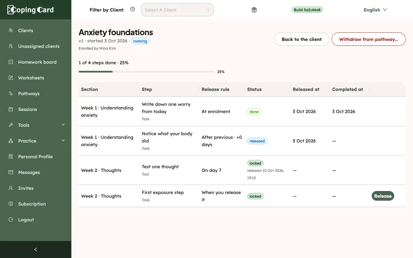 A pathway’s progress page: running, 0 of 4 steps done, one step released, three locked, and the Release button