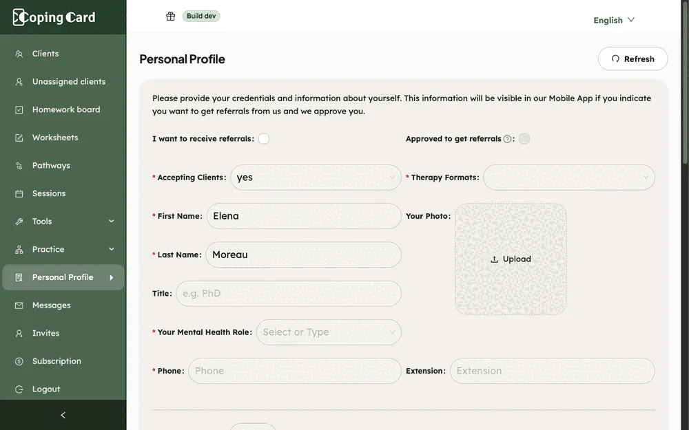 The Personal Profile page with the referral options, accepting clients, therapy formats and the first fields