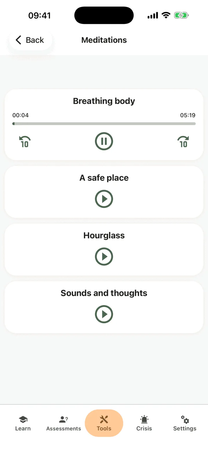 A meditation card expanded with the position and total time, back 10 seconds, pause and forward 10 seconds
