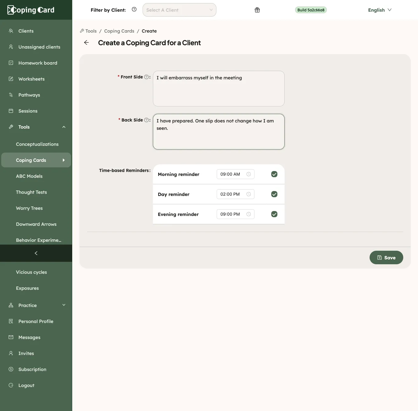 The portal form to create a coping card for a client, filled in