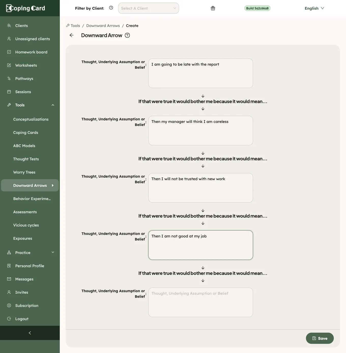 The portal Downward Arrow page with a chain of thoughts and the Save button